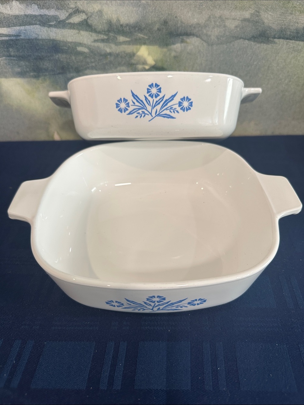 Vintage 1 quart Corningware Blue Floral White Stoneware Baking Dishes - Set of 2